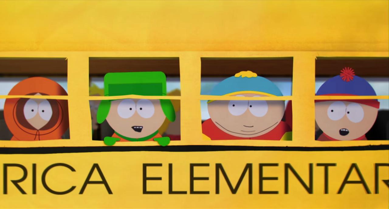 Kenny McCormick, Kyle Broflovski, Eric Cartman and Stan Marsh ride a school bus in a scene from “South Park” Season 29. (Photo via South Park)
