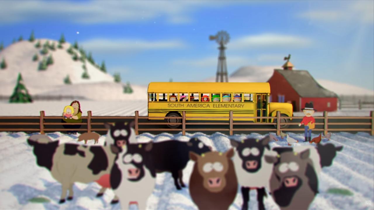 Cattle stand near a school bus marked “South America Elementary” in a scene from “South Park” Season 29. (Photo via South Park)
