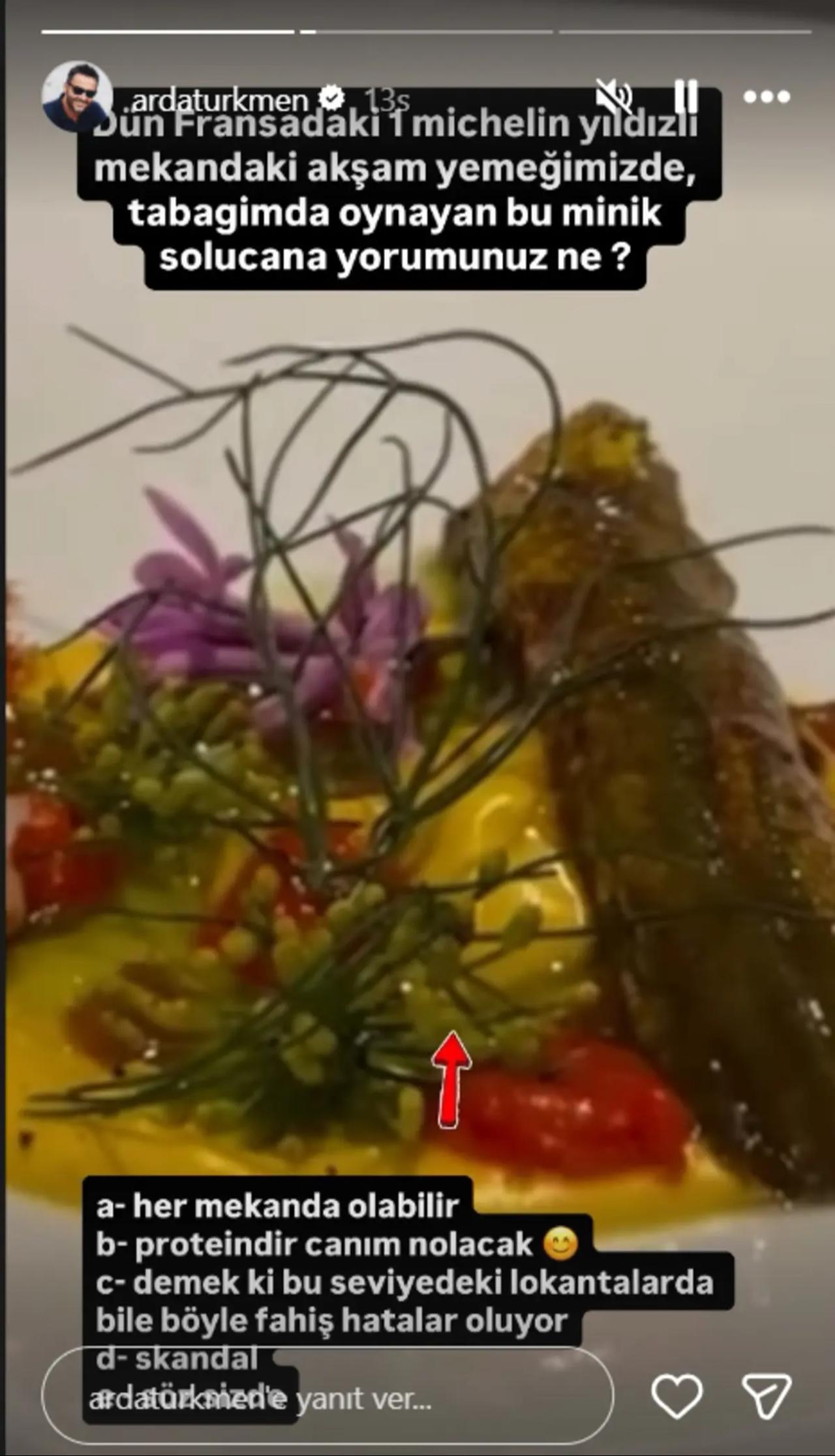 Chef Arda Turkmen shares an image of the dish in which he said he found a small live worm while dining at a Michelin-starred restaurant in France. (Photo via Instagram/@ardaturkmen)