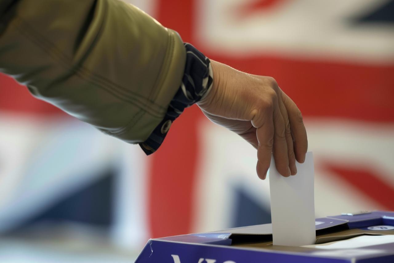 A hand places a ballot paper into a ballot box during a United Kingdom election, with a British Union Jack flag in the background. (Adobe Stock photo)