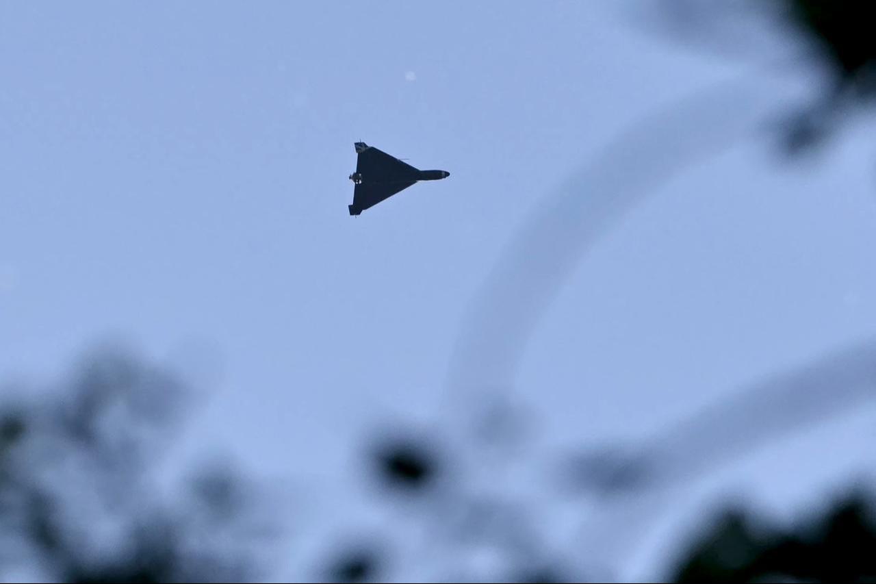 A Russian drone flies above Kyiv during Russian strikes on the Ukrainian capital on May 24, 2026. (AFP Photo)
