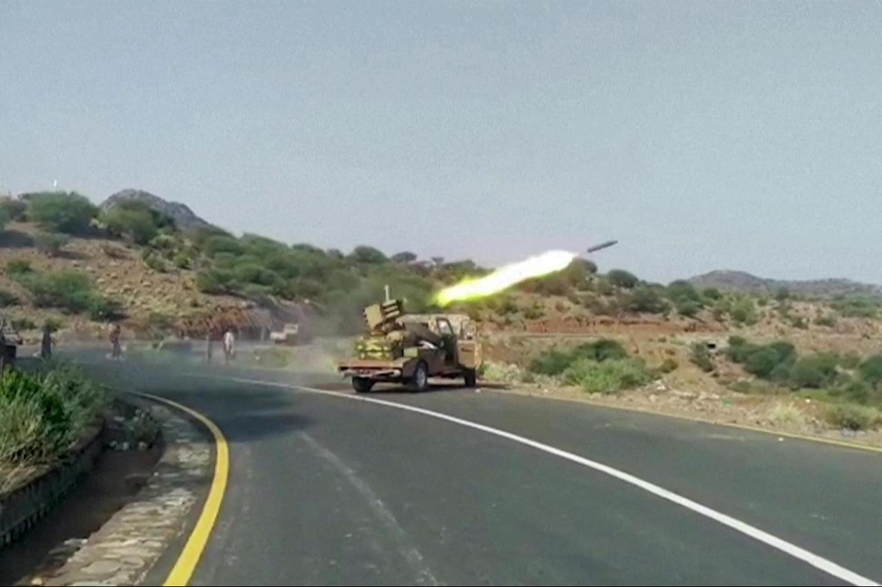 This screen grab taken from video footage released on September 8, 2026 shows a rocket being fired from a vehicle-based launcher, west of the city of Taiz in Yemen's western Taiz province. (AFP Photo/Yemen National Resistance Forces/Handout)