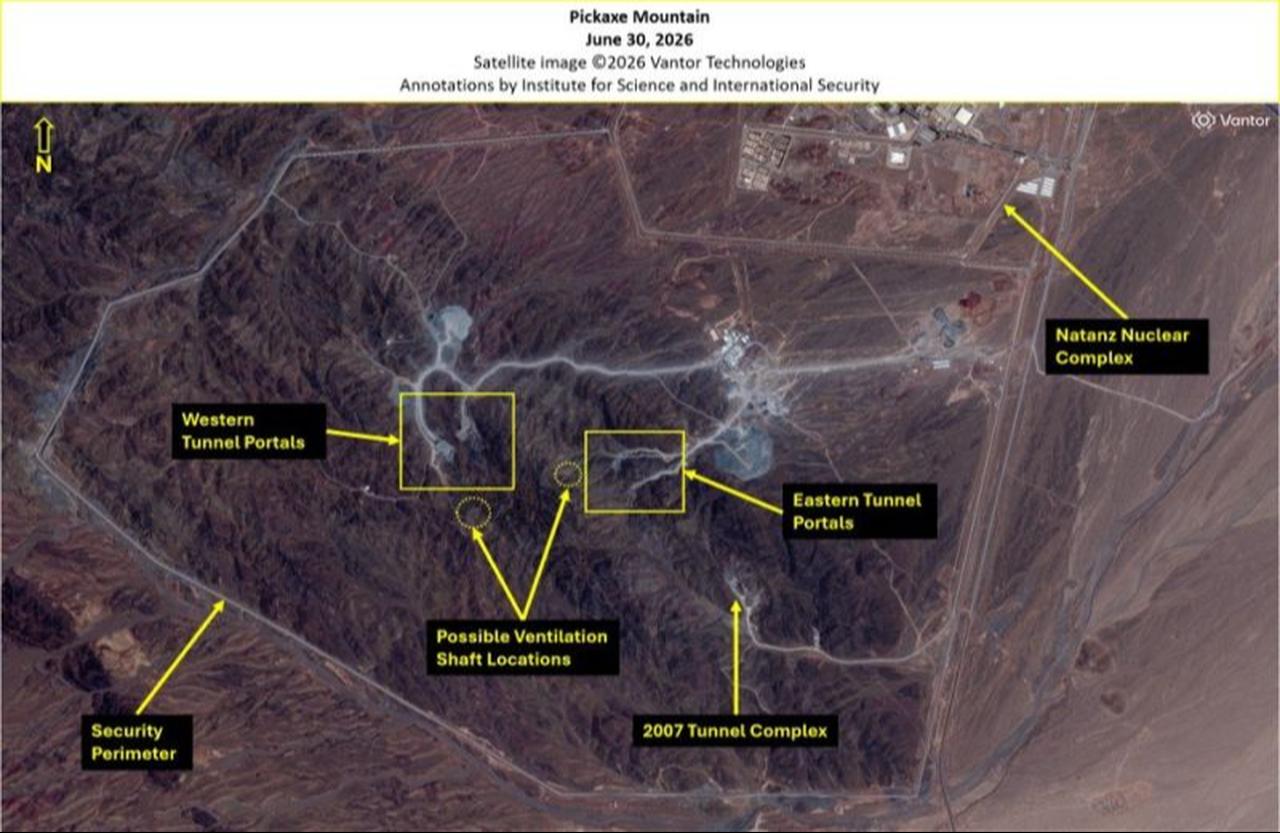 A photo dated June 30, 2026, by Vantor Technologies shows an overview image of Pickaxe Mountain in Iran. (Photo via isis-online.org)