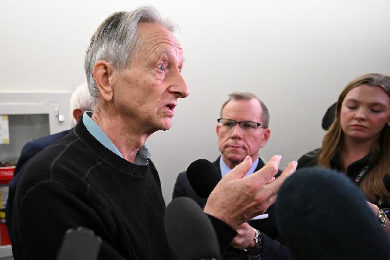 Geoffrey Hinton speaks to journalists after addressing an Artificial Intelligence (AI) briefing for Senators led by U.S. Senator Bernie Sanders (I-VT) on September 16, 2026. (AFP Photo)