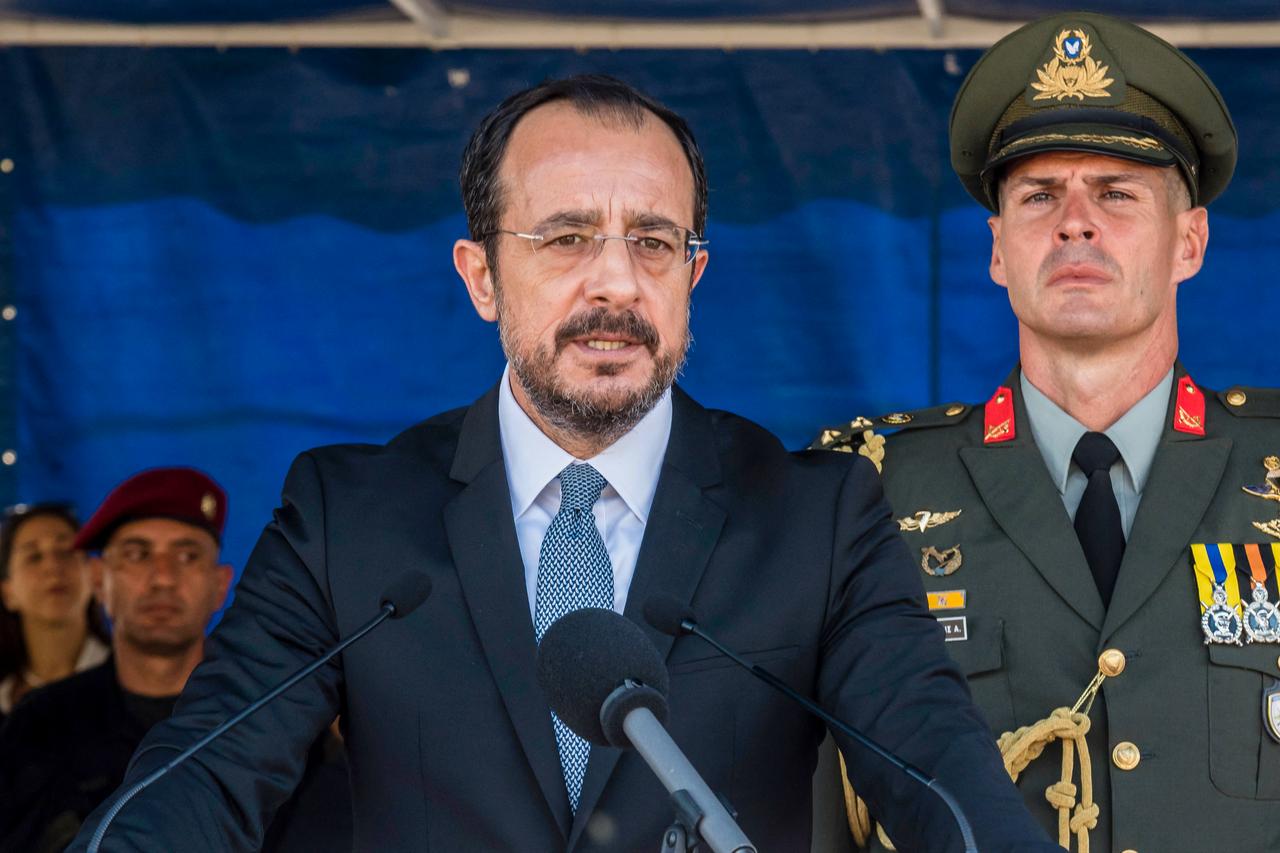 Greek Cypriot leader Nikos Christodoulides delivers a speech after a military parade in Nicosia, October 1, 2025. (AFP Photo)