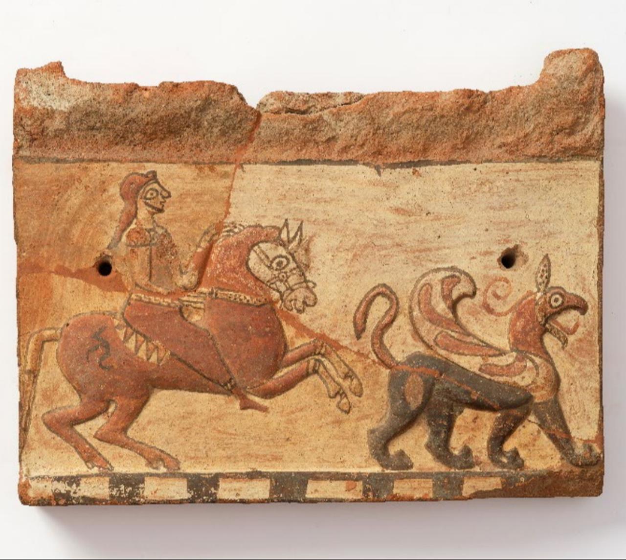 A terracotta architectural plaque depicting a mounted figure and a winged creature, among the Duver artifacts returned to Türkiye from Denmark. (Photo via Türkiye's Ministry of Culture and Tourism)