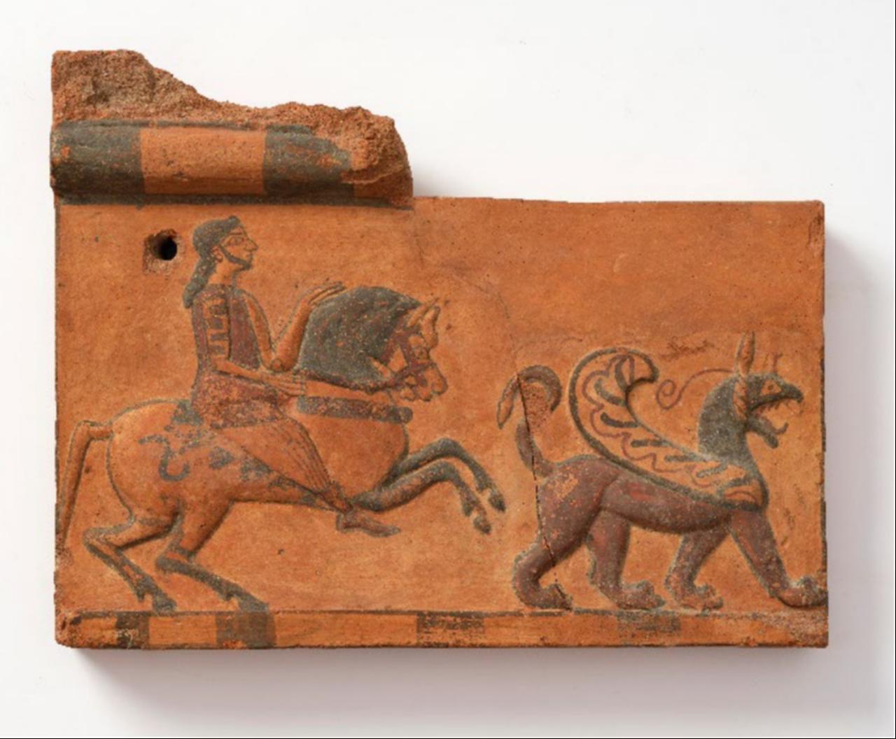 A terracotta architectural plaque depicting a mounted figure and a winged creature, among the Duver artifacts returned to Türkiye from Denmark. (Photo via Türkiye's Ministry of Culture and Tourism)