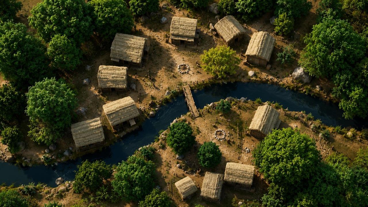 A digital reconstruction shows how the village at Yesilova Hoyugu may have looked around 8,500 years ago, with separate houses set within a shared community landscape. (Digital reconstruction)