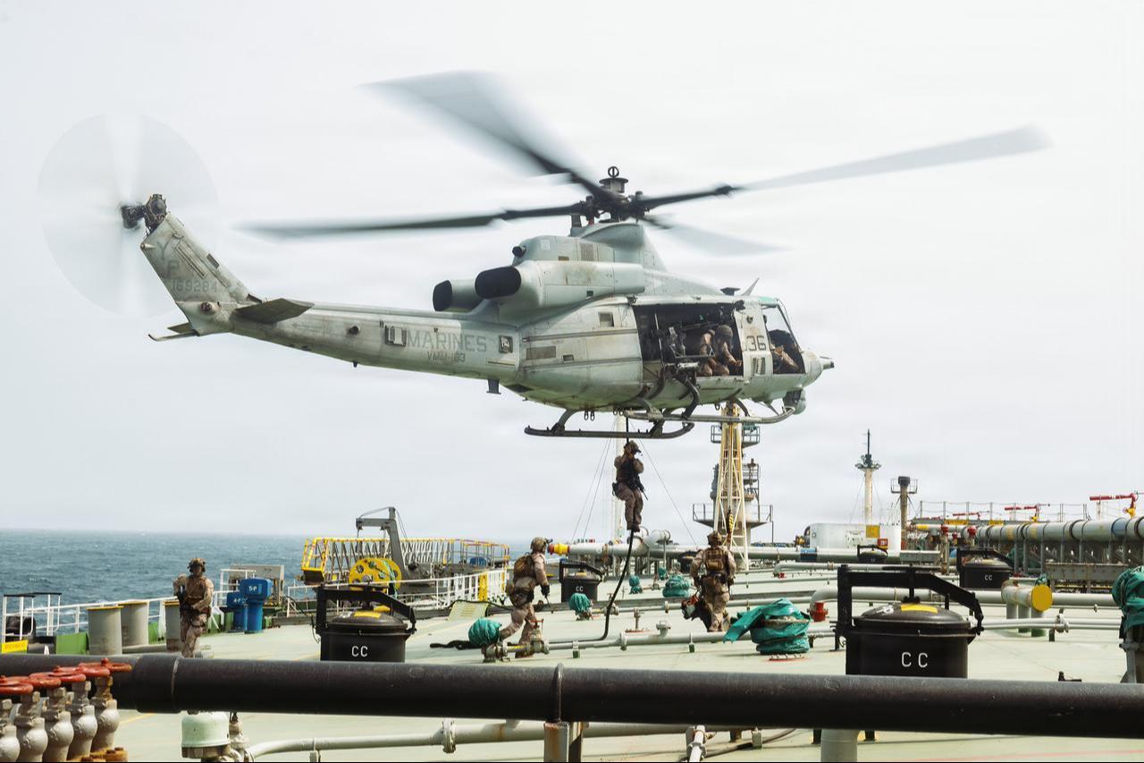 U.S. Marines from the 11th Marine Expeditionary Unit conduct a verification boarding aboard M/T Wen Yao in the Gulf of Oman, July 16, 2026. (Photo via U.S. Marine Corps)
