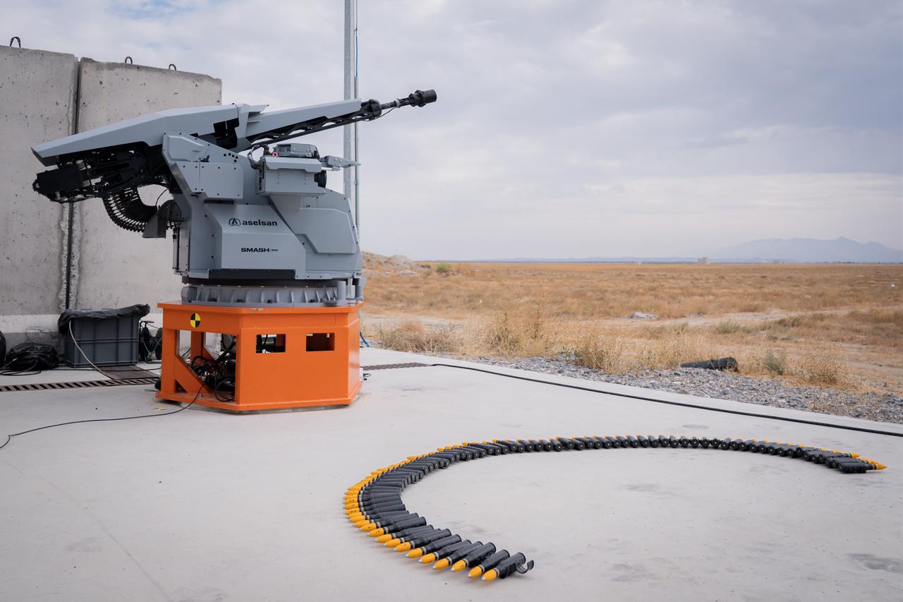 The pre-prototype of Aselsan's SMASH 300 Remote Controlled Stabilized Weapon System demonstrates its combat capabilities during live-fire field trials in the Karapinar district of Konya, Türkiye, Sept. 19, 2026. (AA Photo)