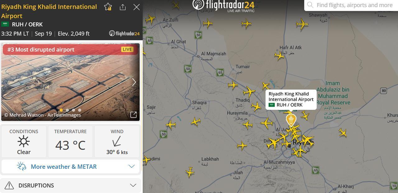 The screengrab photo shows FlightRadar24 reporting major issues at King Khalid International Airport in Riyadh, Saudi Arabia, on Sept. 19, 2026. (Photo via FlightRadar24)