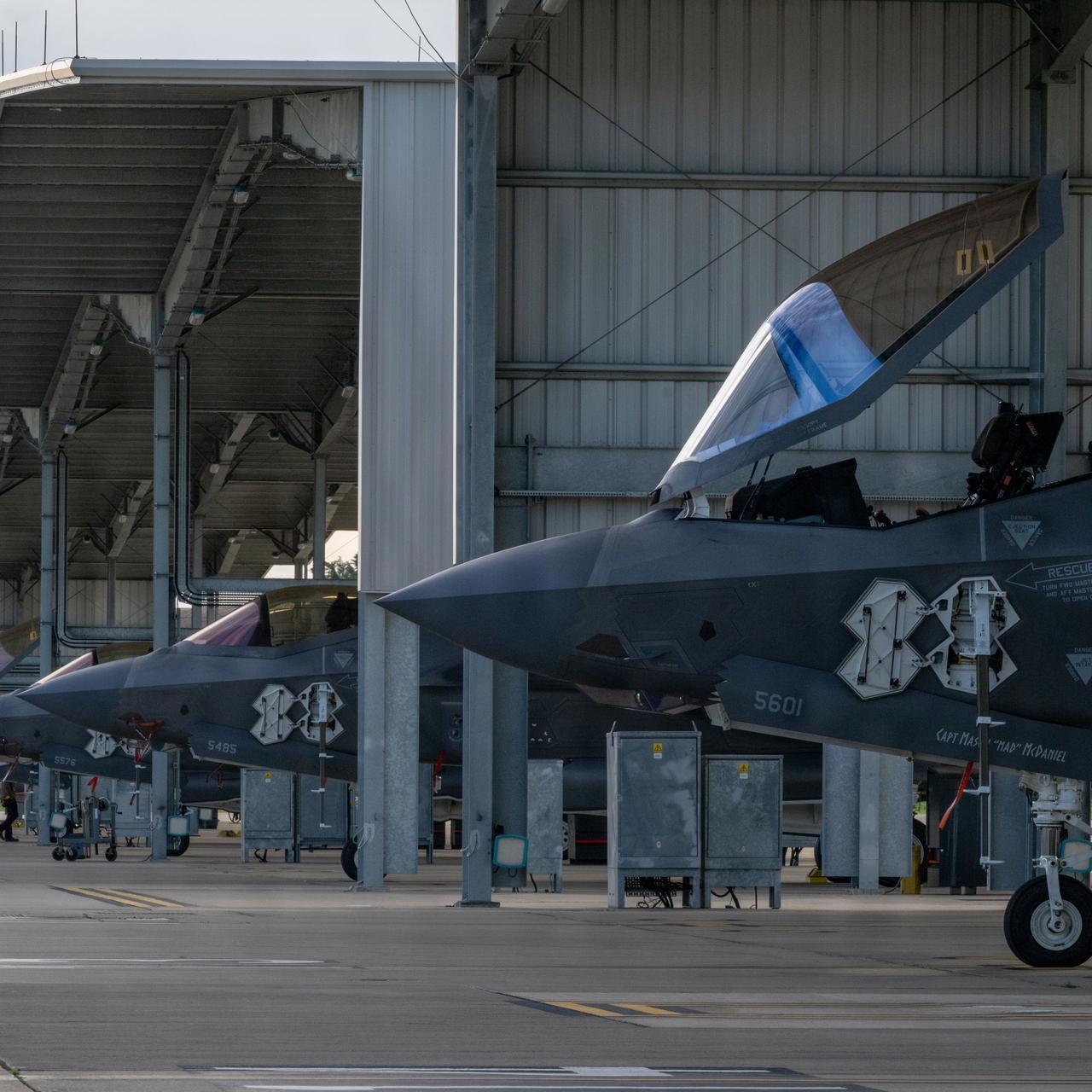 F-35A Lightning II aircraft sit on the flight line during Exercise Cobra Warrior 26-2 at RAF Lakenheath, England, Sept. 15, 2026. (Photo via U.S. Air Force)