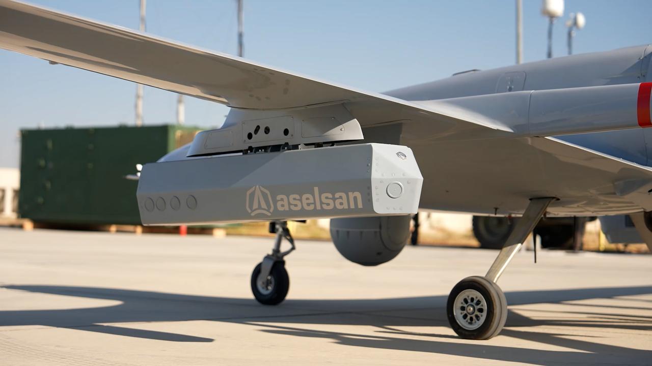 Aselsan's Antidot 2ES 100 electronic support pod integrated into Baykar's Bayraktar TB2 unmanned aerial vehicle during a live demonstration in Konya, Türkiye, Sept. 2026. (AA Photo)