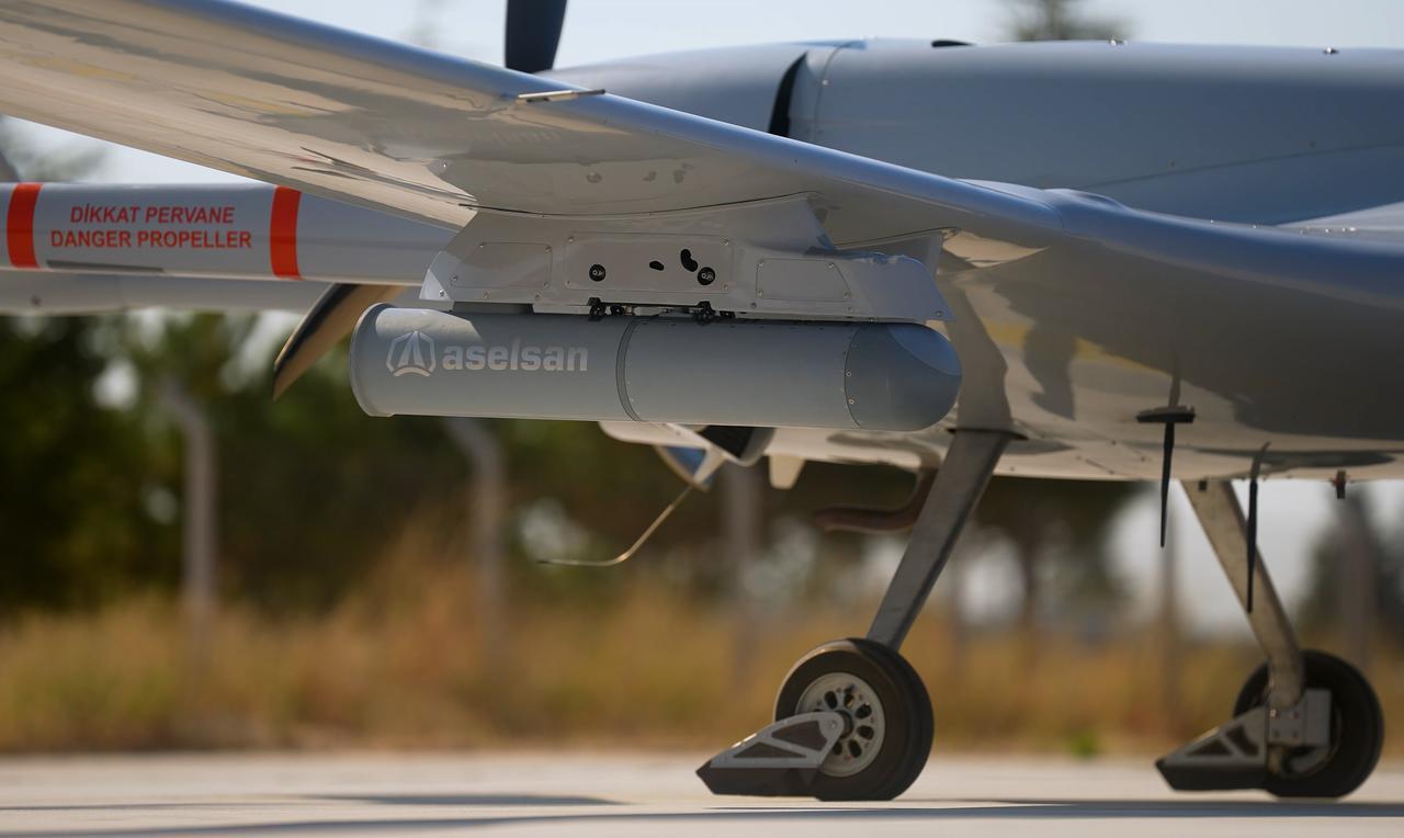 Aselsan's Fulmar 200 synthetic aperture radar (SAR) pod integrated into Baykar's Bayraktar TB2 unmanned aerial vehicle during a live demonstration in Konya, Türkiye, Sept. 2026. (AA Photo)