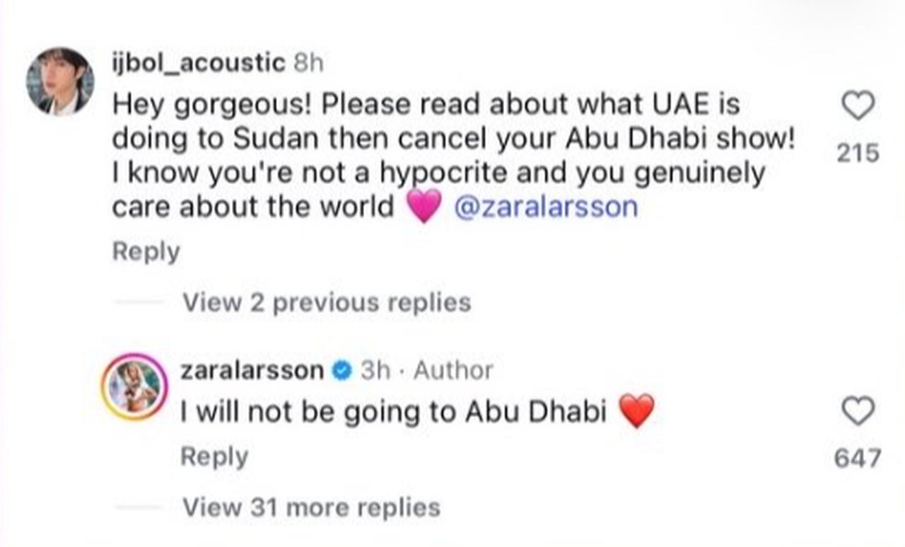 Screenshot of the Instagram comment exchange that sparked the debate.
