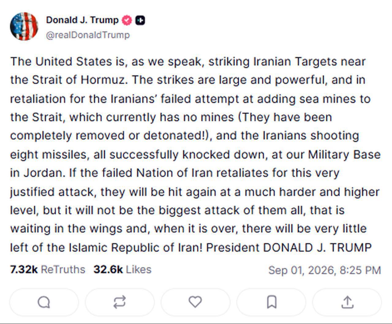 A screenshot of a post by U.S. President Donald Trump on Truth Social, Sept. 1, 2026. (Screenshot via Truth Social)