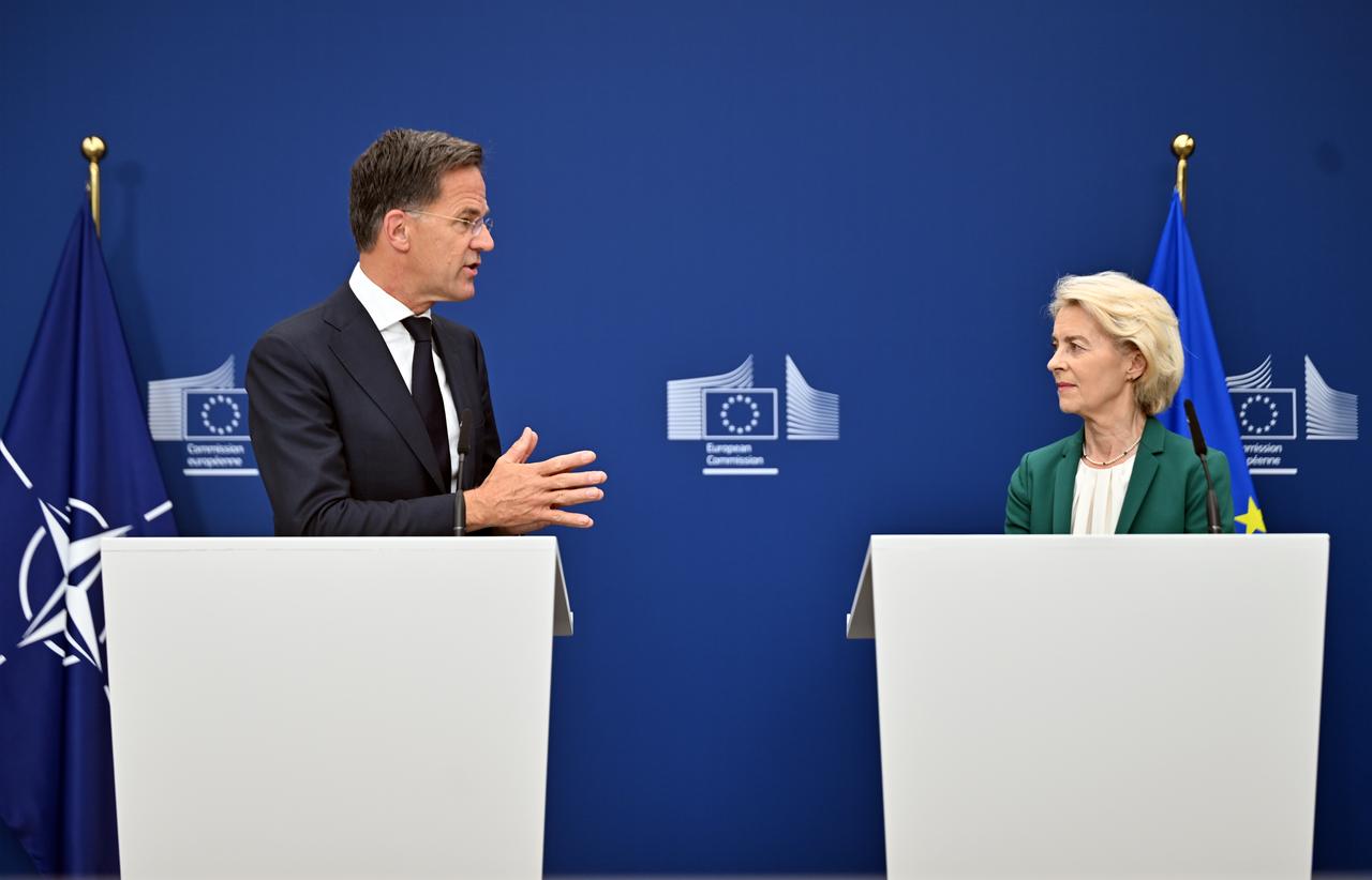 NATO Secretary General Mark Rutte (L) and European Commission President Ursula von der Leyen (R) deliver a joint press statement at the European Commission headquarters in Brussels, Belgium, on September 2, 2026. (AA Photo)