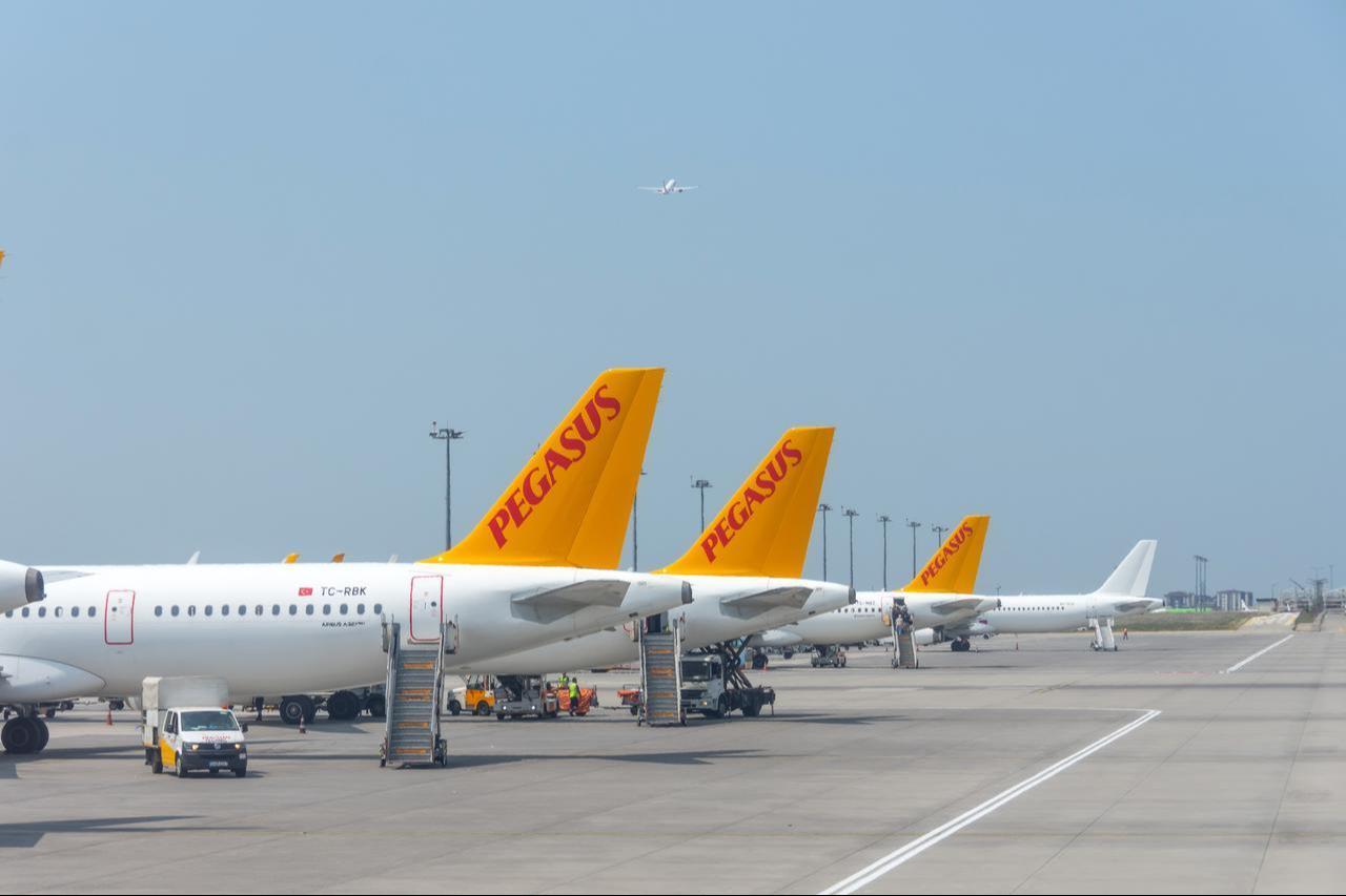 Pegasus Airlines aircraft lined up on the tarmac at Istanbul Sabiha Gokcen Airport, Türkiye, July 11, 2022. (Adobe Stock Photo)