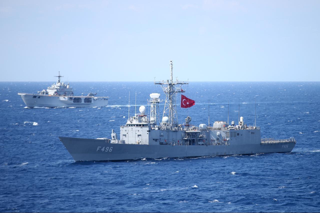 The TCG Gokova (front), one of the Gabya-class frigates, and Italian Navy vessel ITS San Giorgio (rear), off the southeastern coast of Italy, Sept. 24, 2025. (AA Photo)