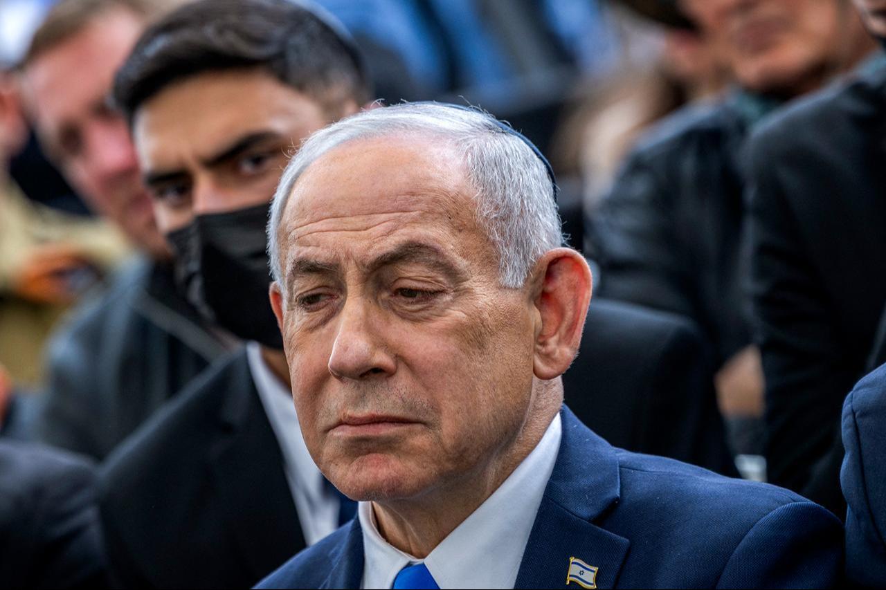 Israel's Prime Minister Benjamin Netanyahu reacts during the funeral of Israeli hostage Ran Gvili in the southern town of Meitar on January 28, 2026. (AFP Photo)