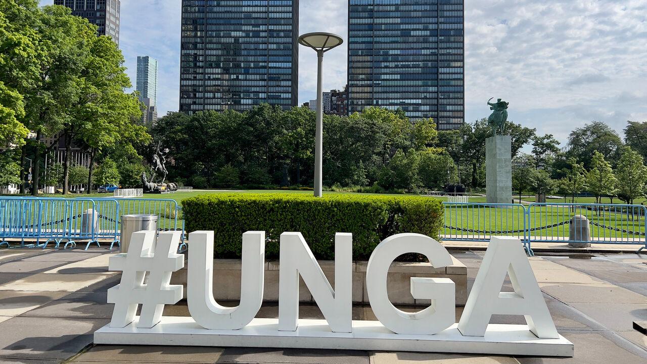 The #UNGA twitter hashtag for the UN Genral Assembly in the UN headquarters campus in New York, on July 14, 2023. (AFP Photo)