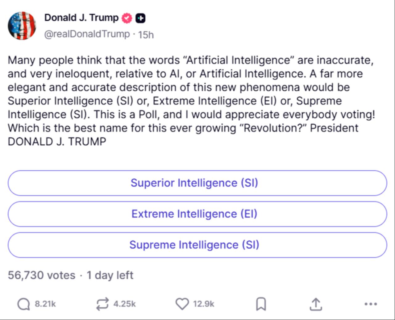 Screenshot of the poll that US President Donald Trump opened on social media. (Photo via Truth Social/@realDonaldTrump)