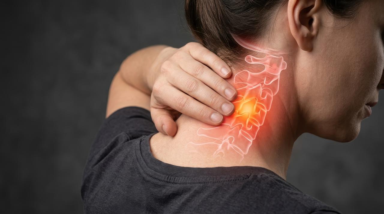A woman holds the back of her neck as an illustration highlights the cervical spine and an area of discomfort. (Adobe Stock Photo)