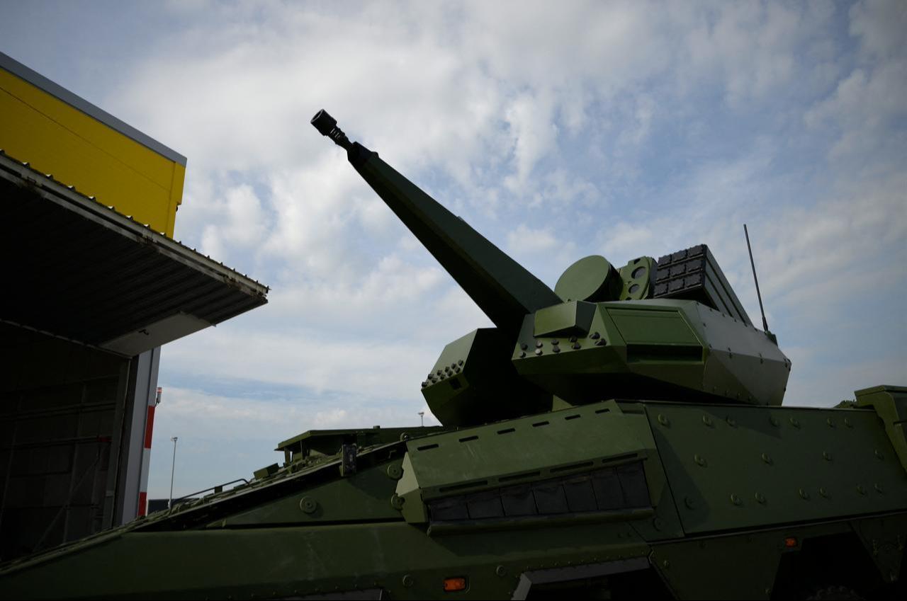 A GTK boxer armoured fighting vehicle of German arms manufacturer Rheinmetall equipped with a Skyranger 30 mobile defense system is pictured, on Aug. 27, 2026 at the airport of Kassel, western Germany. (AFP Photo)