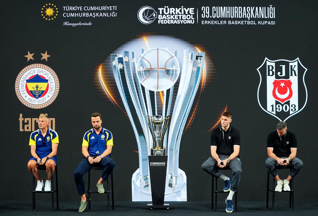 Fenerbahce Tarfin and Besiktas head coaches and team captains attend a press conference ahead of the 39th Presidential Men’s Basketball Cup at Sinan Erdem Sports Hall in Istanbul, Türkiye, Sept. 21, 2026. (AA Photo)