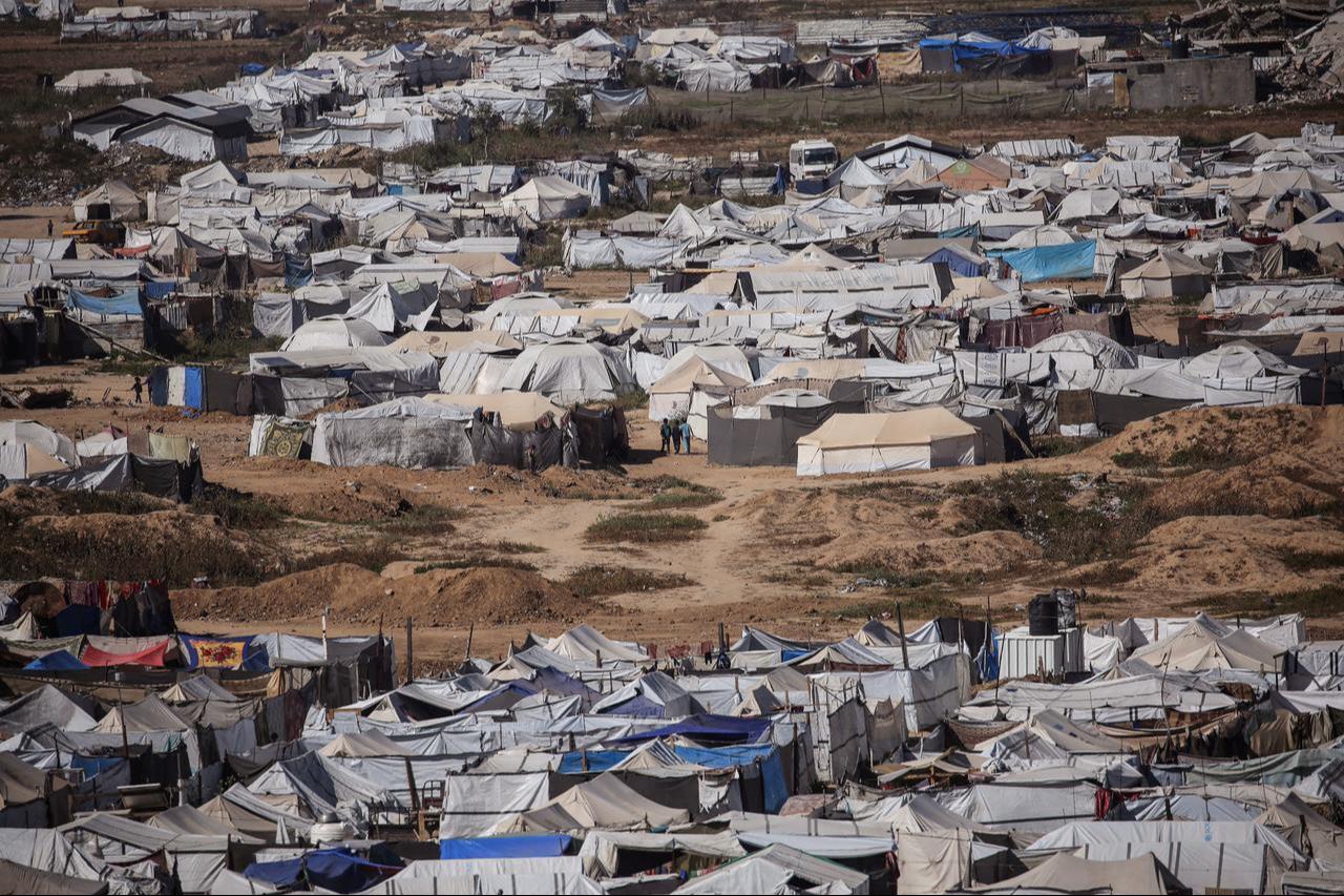 Tents are erected on empty land to create a displacement camp for the millions of displaced Palestinian families forced from their homes during Israel's bombardment of the Gaza Strip, in Bureij camp in the central Gaza Strip, May 1, 2026. (AFP Photo)