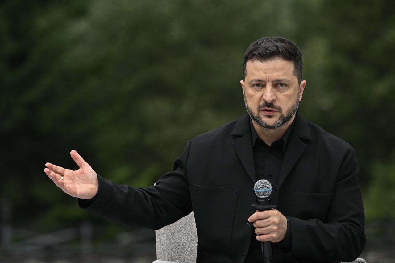 President of Ukraine Volodymyr Zelenskyy speaks during a joint press conference following the Carpathian 8 summit in state residence in Ivano-Frankivsk region, Sept. 18, 2026. (AFP Photo)