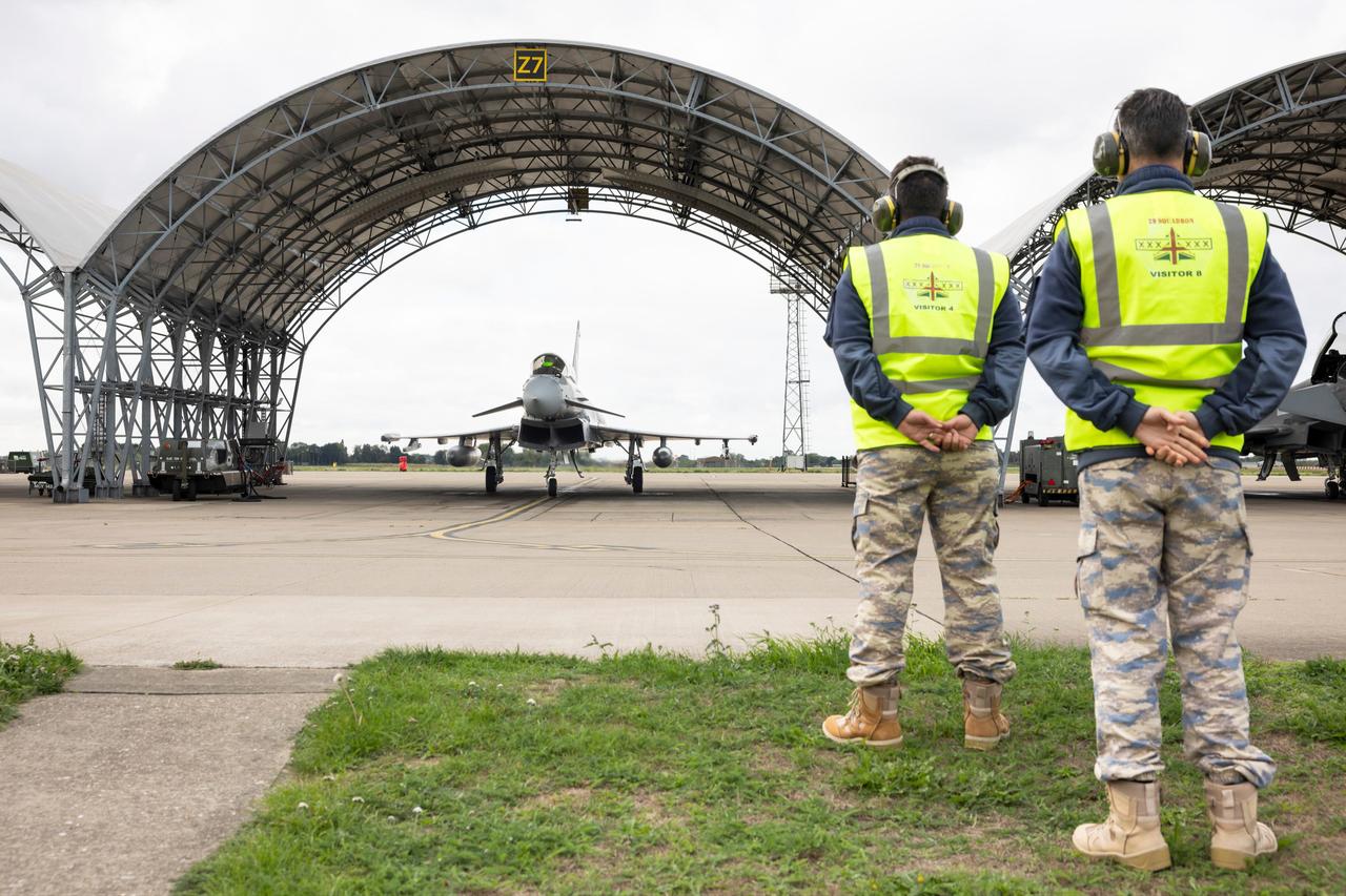 A team of experts from the Turkish National Defense Ministry inspects Eurofighter Typhoon fighter jets' maintenance facilities at Royal Air Force's Coningsby Air Base in UK, Sept. 15-17, 2026. (Photo via X/@tcsavunma)