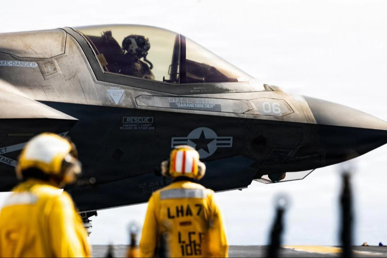 An F-35B Lightning II taxis on the flight deck of the amphibious assault ship, USS Tripoli (LHA 7), during flight operations, May 4, 2026. (Photo via U.S. Marine Corps)
