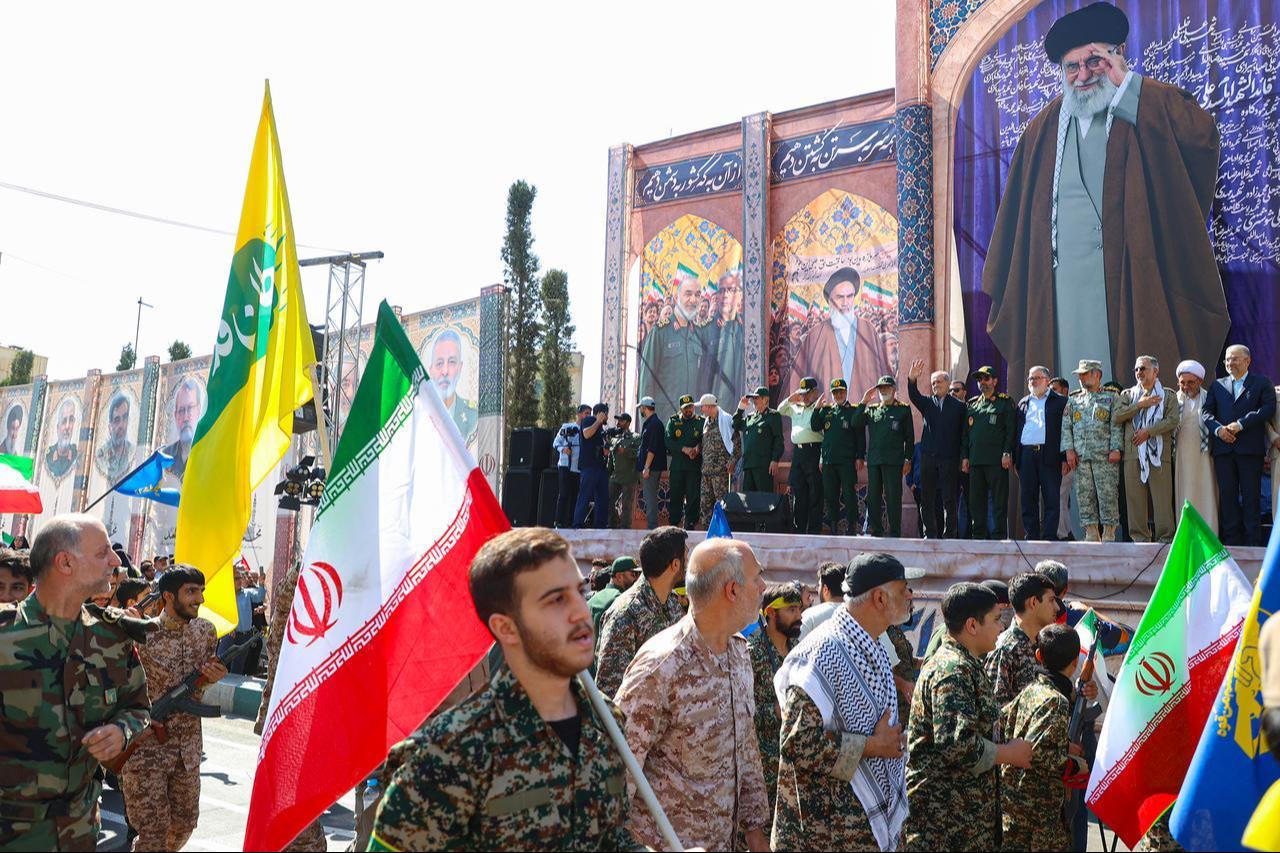Demonstrators fill the area between Imam Hossein Square and Revolution Square, carrying Hezbollah and Iranian flags and chanting slogans against the US and Israel in Tehran, Iran, Sept. 18, 2026. (Iranian Presidency/Handout)