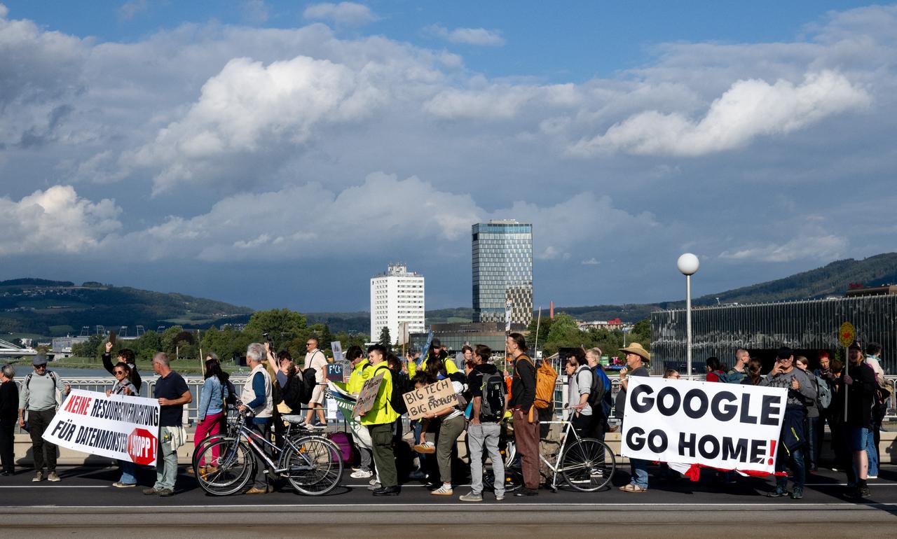 People attend a protest in the city of Linz, Austria on Sept. 11, 2026, against the construction of Google’s new data centre in the Upper Austrian town of Kronstorf. (AFP Photo)