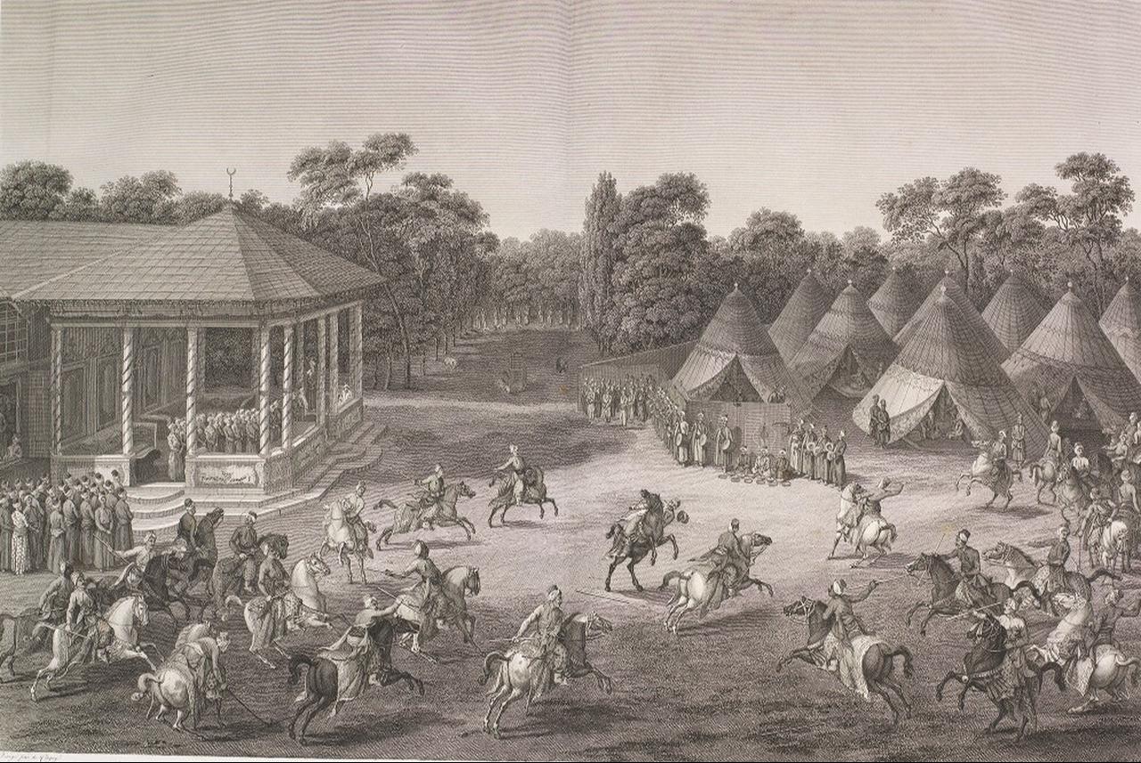 A mounted cirit contest, an Ottoman equestrian sport in which riders hurled javelins at one another, depicted in Tableau general de l'empire Ottoman by Ignatius Mouradgea d'Ohsson, published in 1820. (Photo via Uppsala University Library)