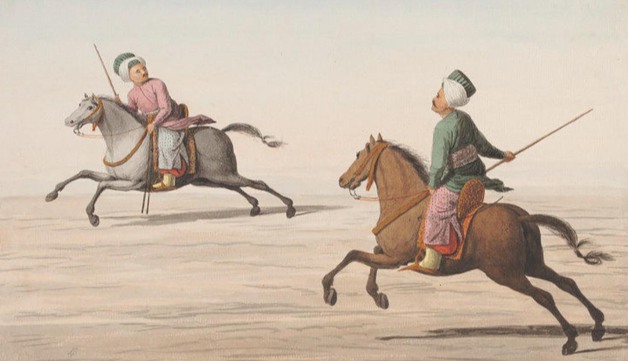 Two men playing the game of cirid, involving the throwing of javelins from horseback, ca. 1809 (Anonymous Greek artist)