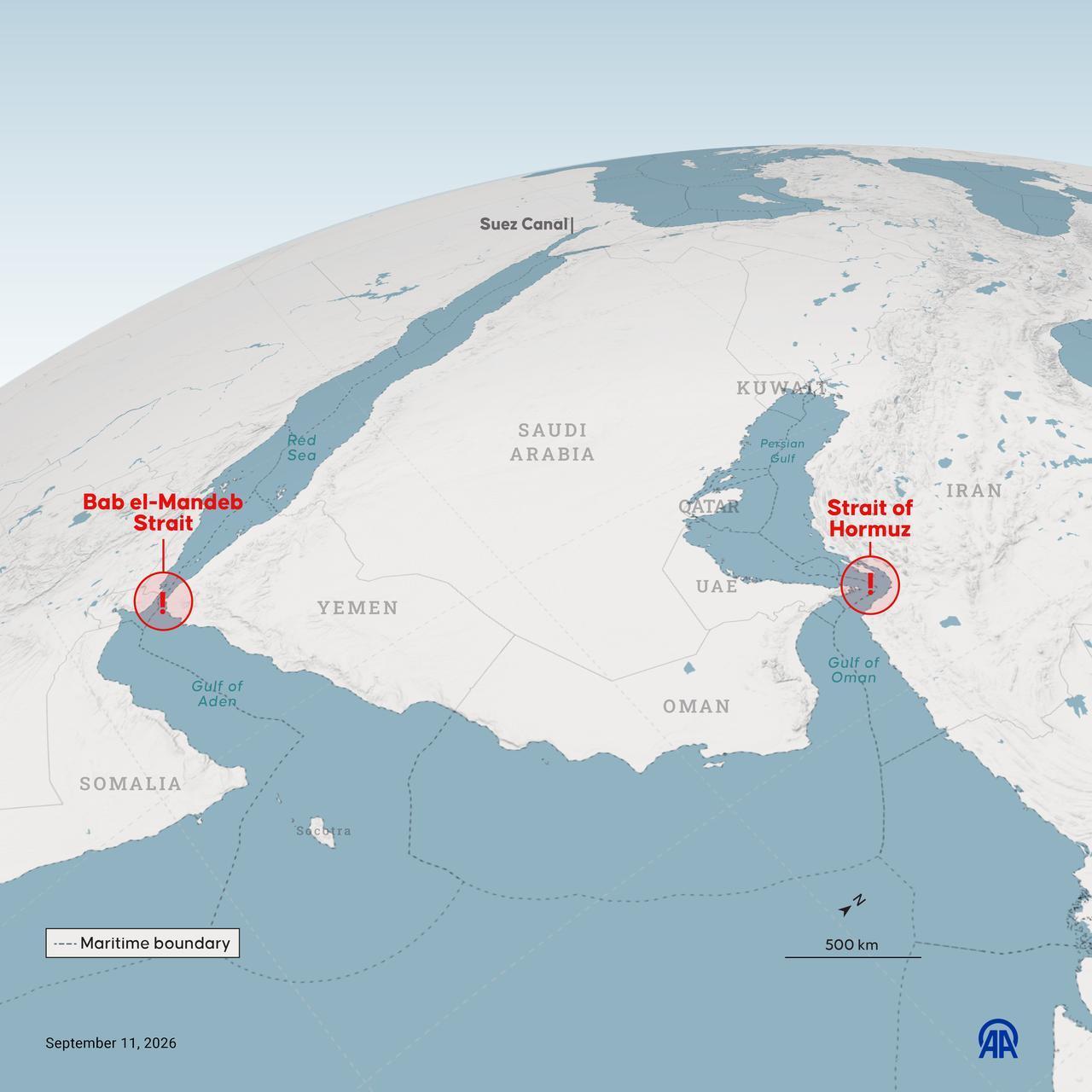 An infographic showing "Bab el-Mandeb Strait and Strait of Hormuz" created in Ankara, Türkiye on September 11, 2026. (AA Infographic)