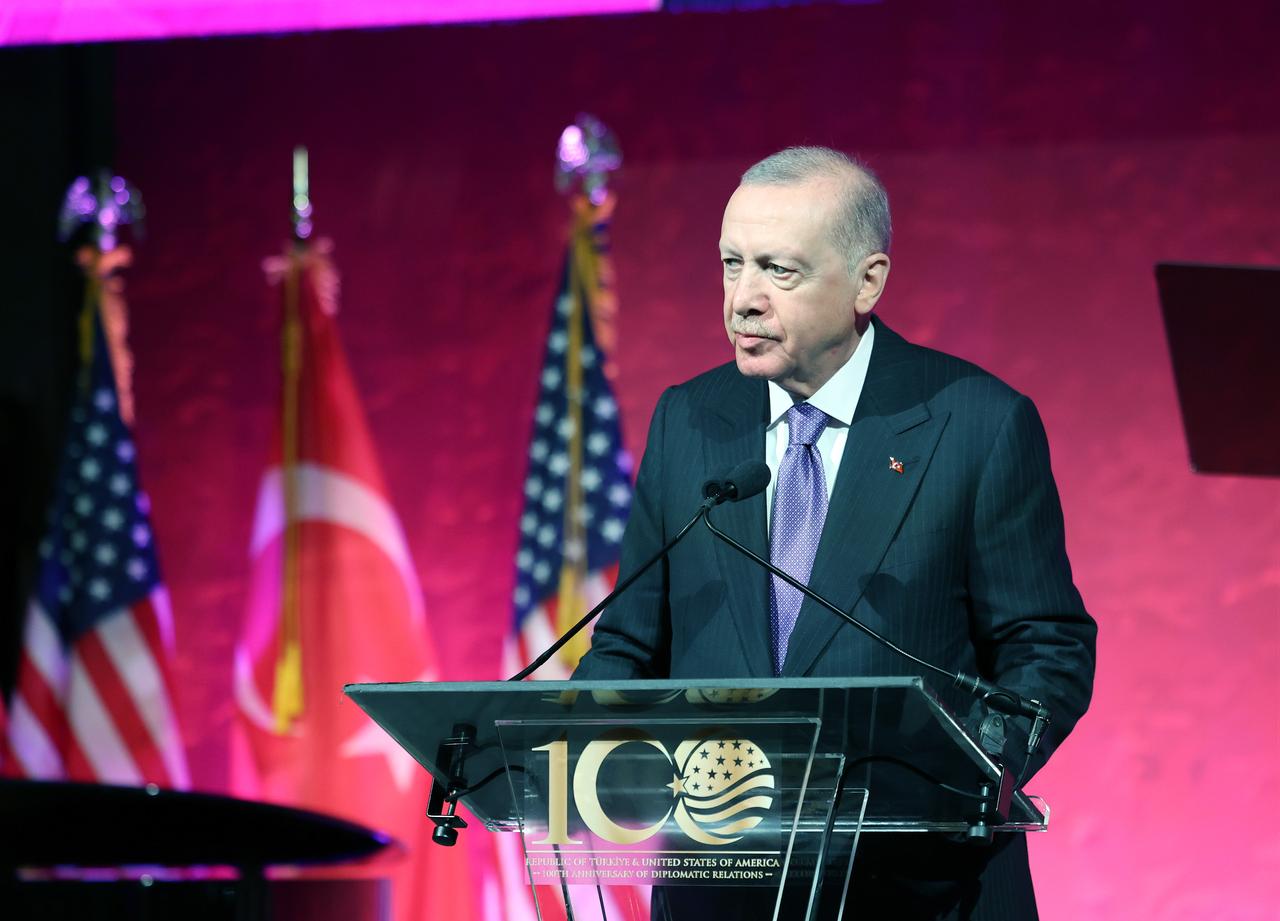 Turkish President Recep Tayyip Erdogan delivers a speech during the “100 Years of Friendship: Turkiye-United States” event in New York, United States, on September 21, 2026, on the sidelines of the 81st session of the United Nations (UN) General Assembly. ( TUR Presidency / Mustafa Kamaci - Anadolu Agency )