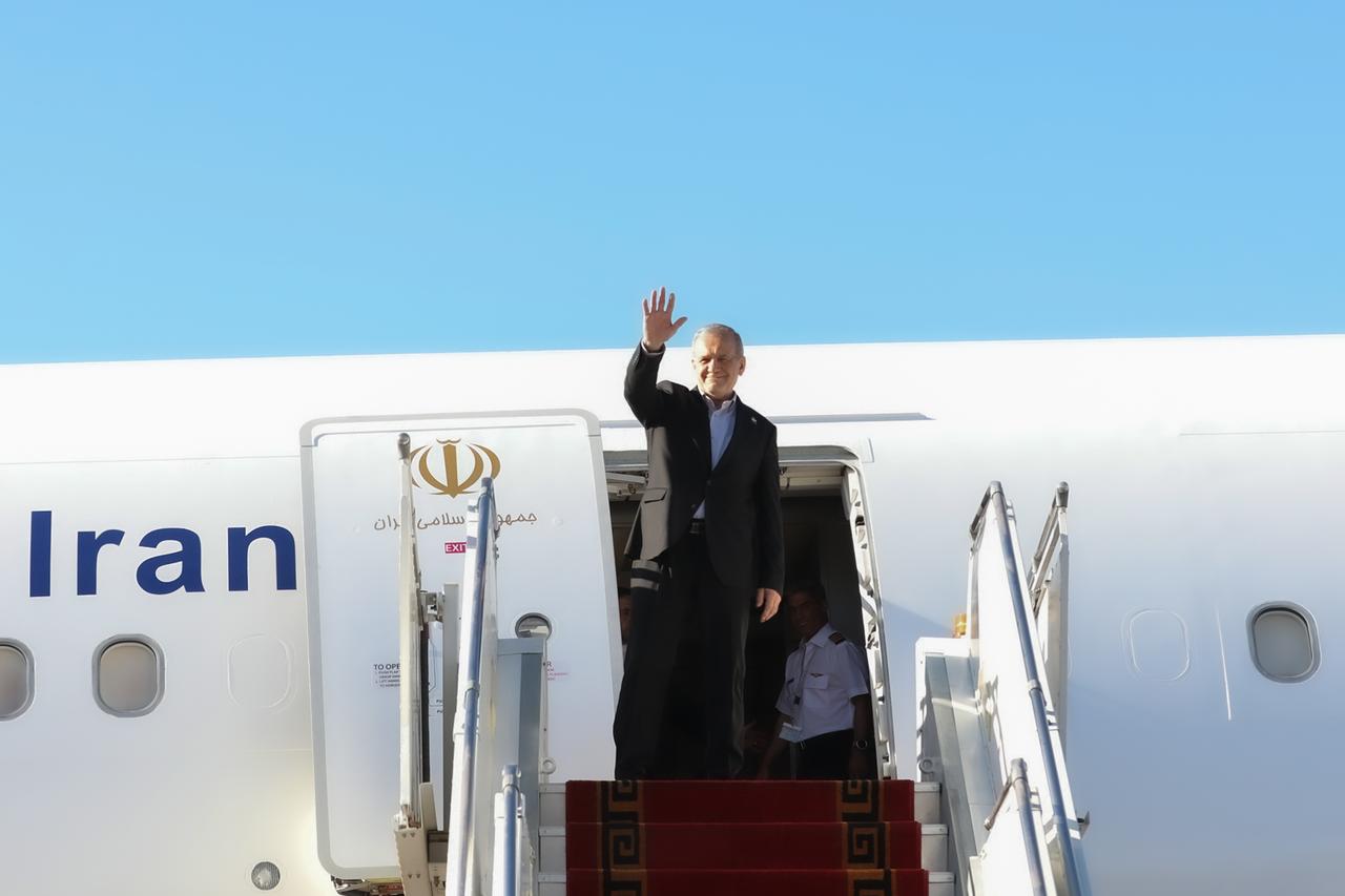 Iranian President Masoud Pezeshkian departs for the United States to attend the United Nations (UN) 81st General Assembly in Tehran, Iran, on September 21, 2026. (Iranian Presidency/Handout)