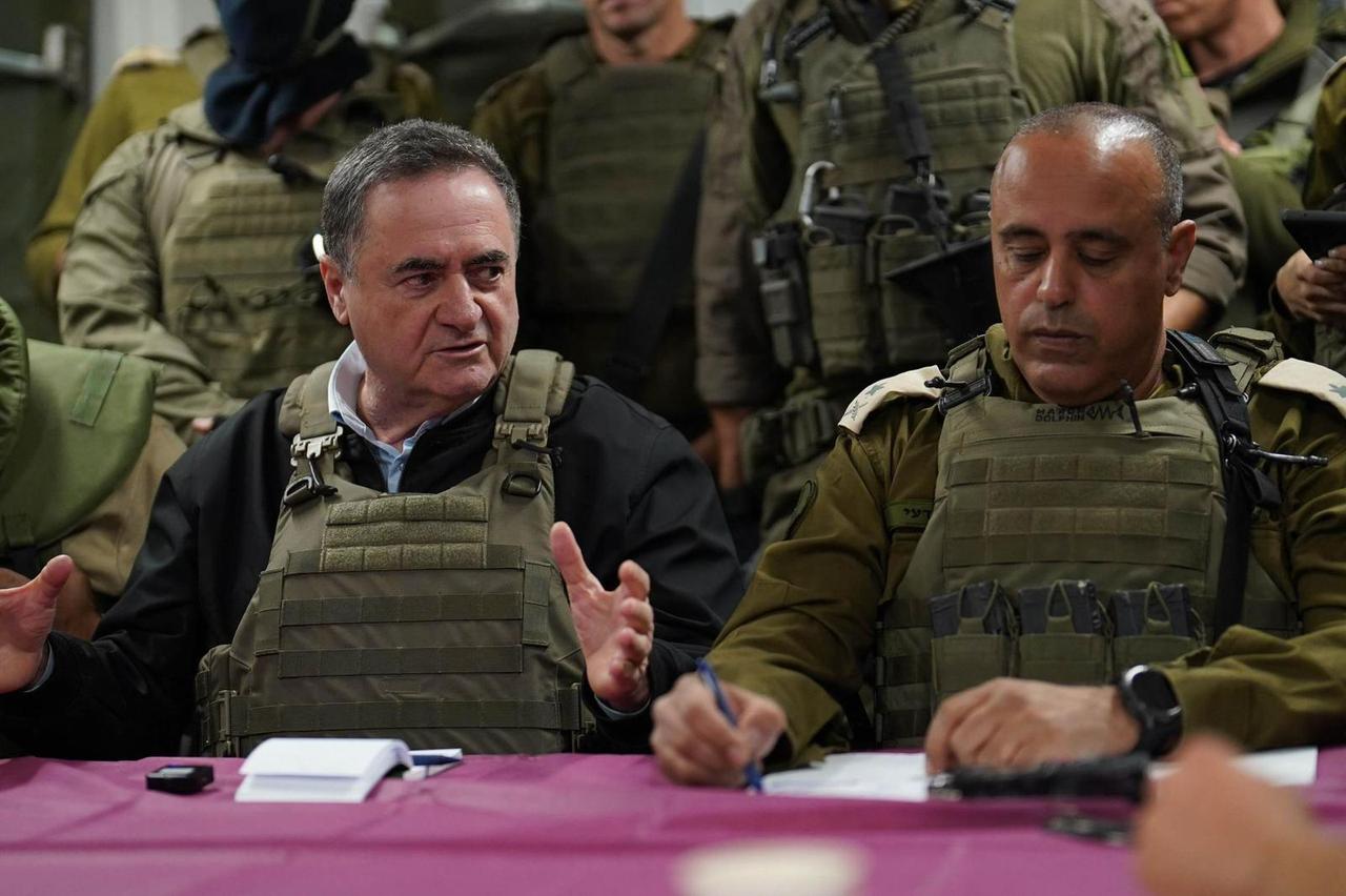 Israeli Defense Minister Yisrael Katz (L) visits a military base and the military unit in the occupied territory of southern Lebanon on April 12, 2026. ( Elad Malka (IMoD)/Handout)