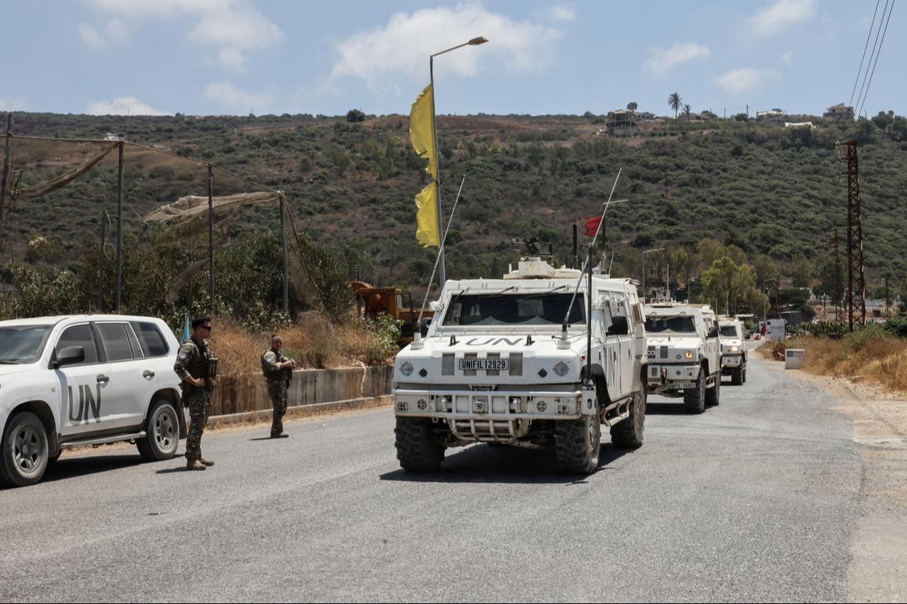 Peacekeepers with the United Nations Interim Force in Lebanon (UNIFIL) patrolling near the southern Lebanese village of Biout es Sayed on July 20, 2026. (AFP Photo)