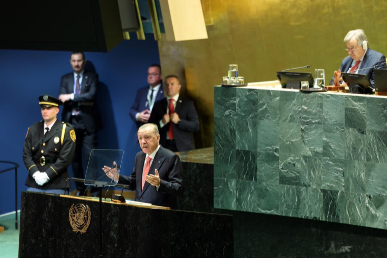 Turkish President Recep Tayyip Erdogan delivers his remarks during the 79th Session of the U.N. General Assembly (UNGA 79) in New York, United States on Sept. 24, 2024. (Turkish Presidency / AA Photo)
