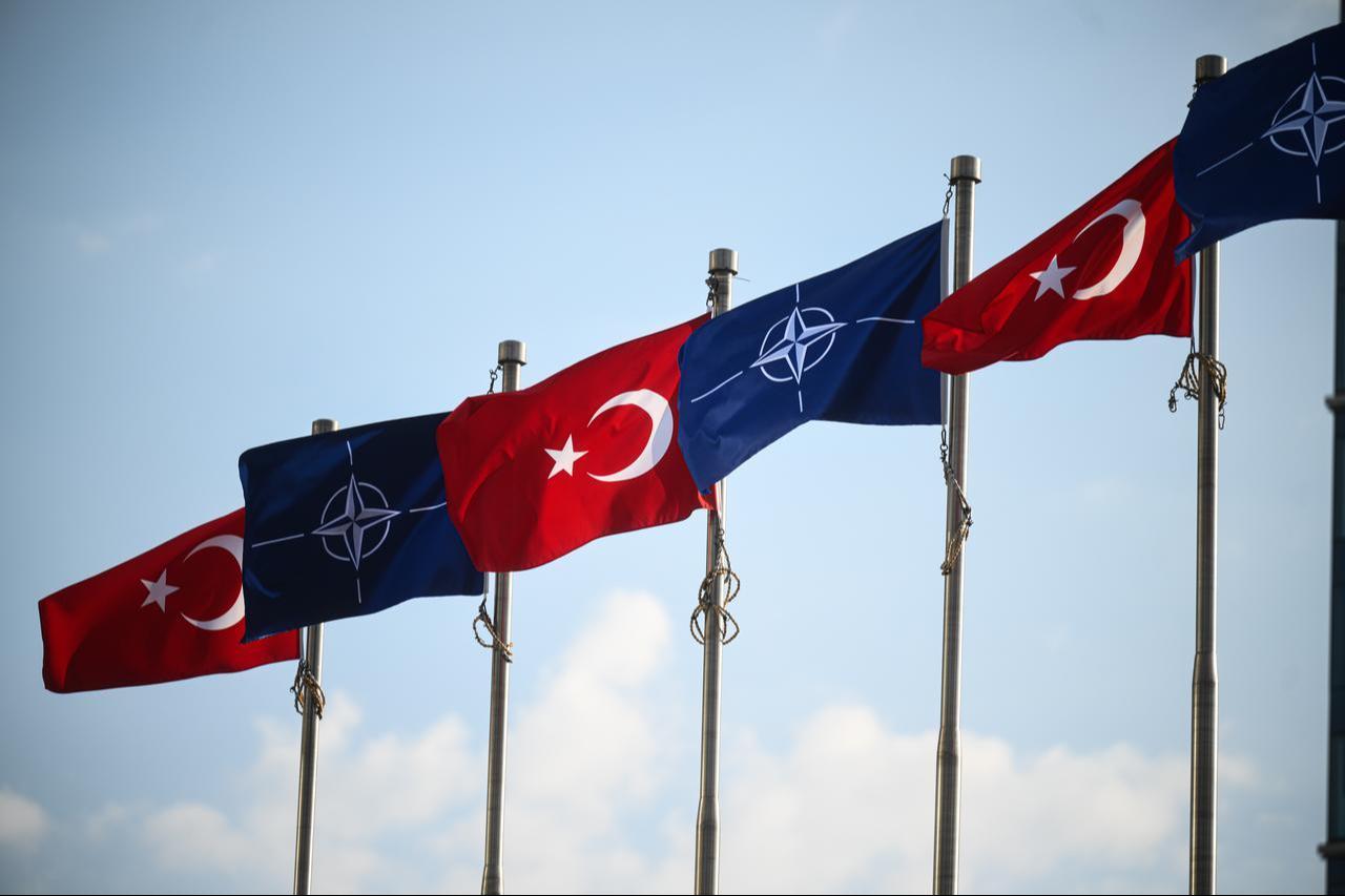 A view of the Turkish flag and the NATO flag at ATO Congresium, where a part of 36th NATO Heads of State and Government Summit will be held in Ankara, Türkiye, July 7, 2026. (AA Photo)