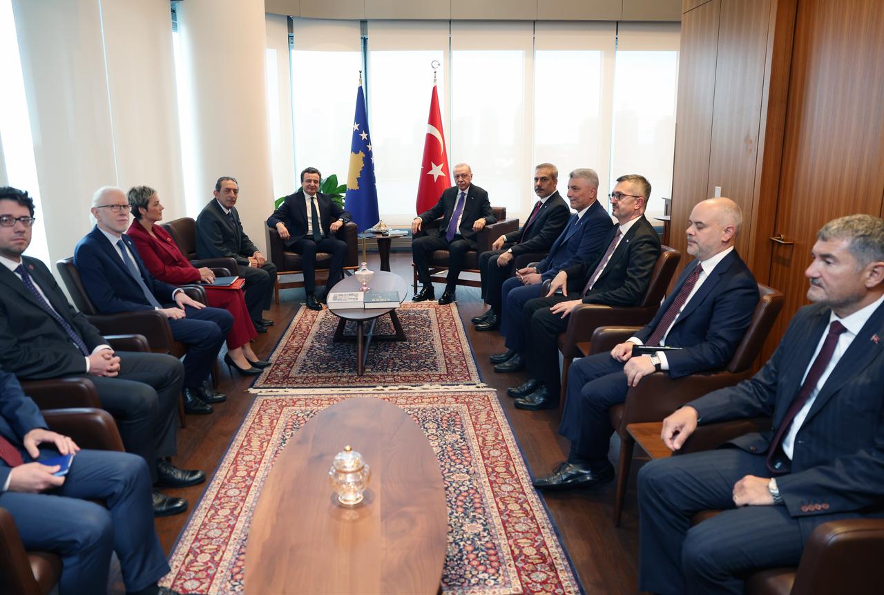 Turkish President Recep Tayyip Erdogan (C - R) meets with Kosovo Prime Minister Albin Kurti (C - L) at the Turkish House (Turkevi) on the sidelines of the 81st UN General Assembly in New York, United States on September 21, 2026. (Photo via TUR Presidency / Handout / AA)