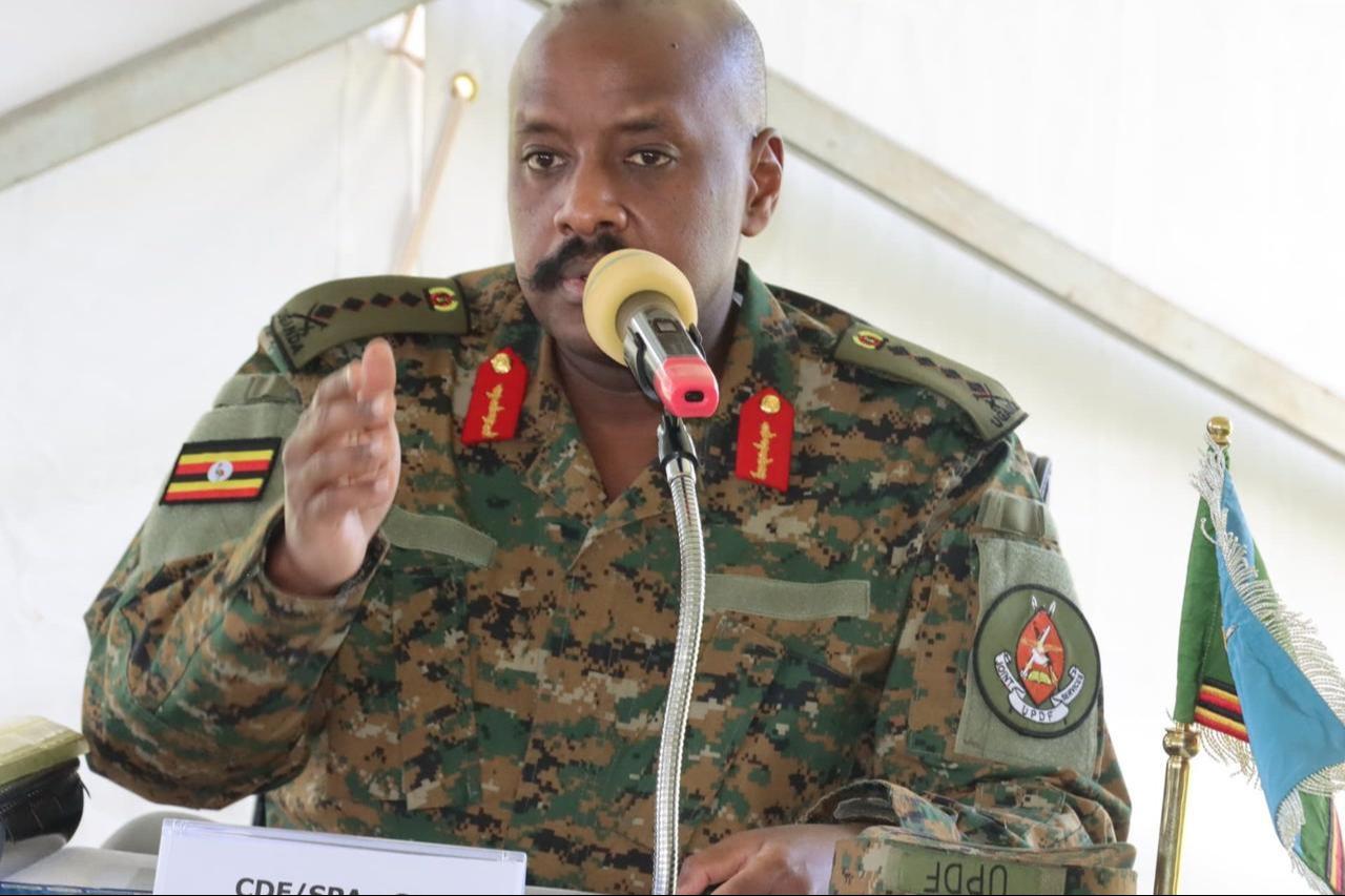 Uganda's military chief Gen. Muhoozi Kainerugaba speaks during a handover ceremony at the Ministry of Defence and Veteran Affairs headquarters in Mbuya, Uganda. (Photo via UPDF)