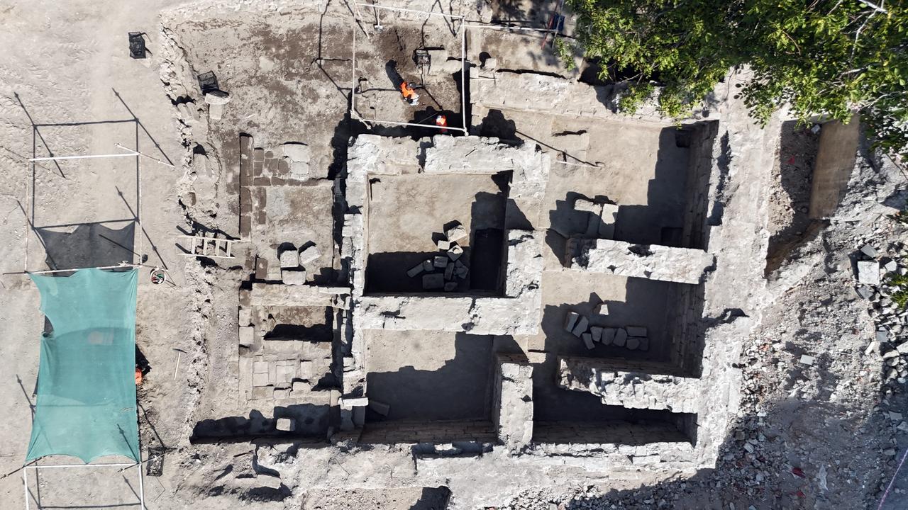 An overhead view shows rooms and stone walls uncovered during excavations at the site believed to be the Melikgazi Madrasa in Kayseri, Türkiye. (IHA Photo)