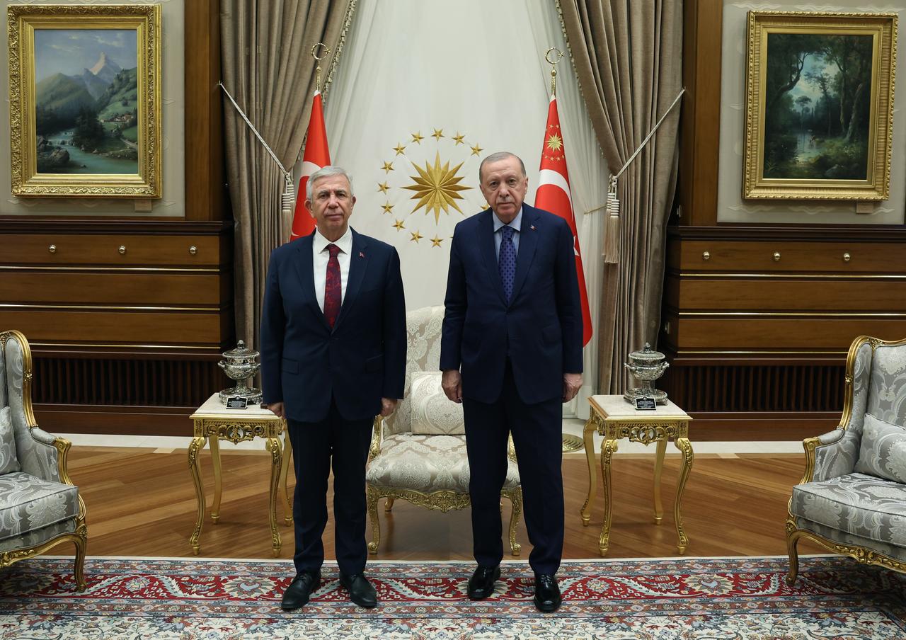 Turkish President Recep Tayyip Erdogan (R) receives Ankara Metropolitan Municipality Mayor Mansur Yavas (L) in Ankara, Türkiye, on September 9, 2026. (TUR Presidency/AA Photo)