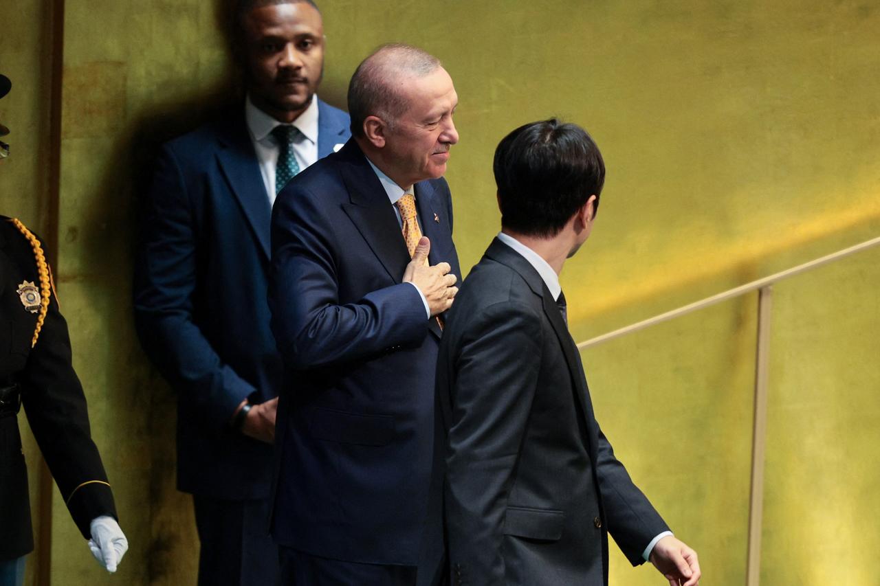 PresidentofTürkiyeRecep Tayyip Erdogan walks on stage to speak during the 81st session of the United Nations General Assembly at U.N. Headquarters on September 22, 2026 in New York City.(AFP photo)