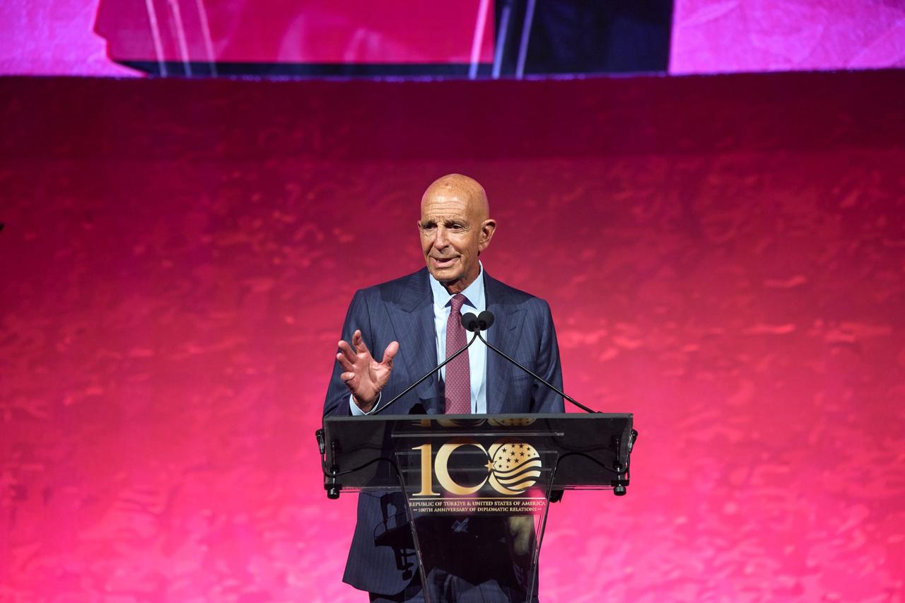 U.S. Ambassador to Türkiye Tom Barrack speaking at the "100 Years of Friendship: Türkiye-United States" gala event in New York City on September 21, 2026. (Photo via X/@usambturkiye)